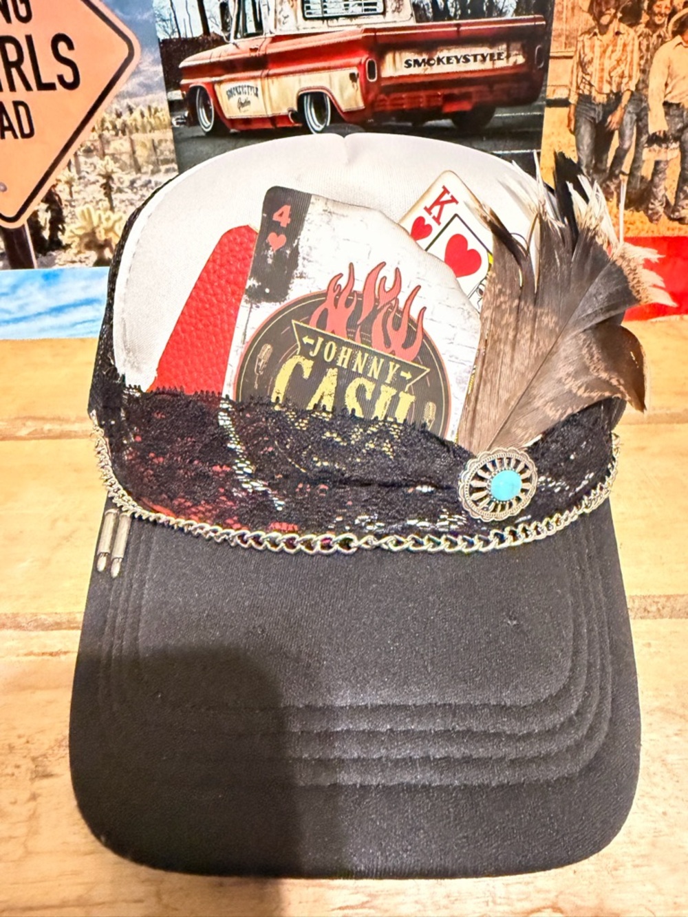 Johnny Cash Graphic Feather Trucker Hat - Black & White